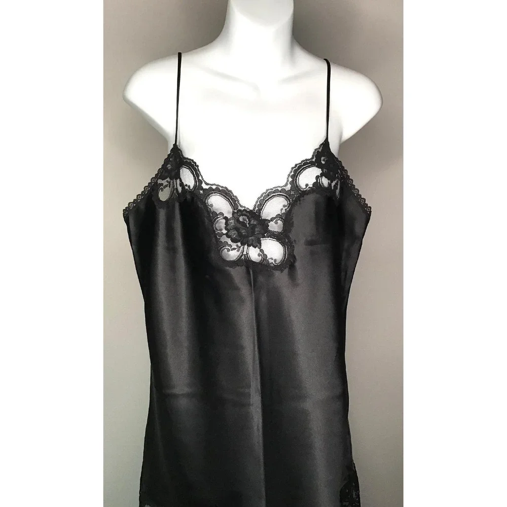 VTG 80's Black Satin Lace Trim Sz L Nightgown Lingerie + Ashley Taylor Half Slip
